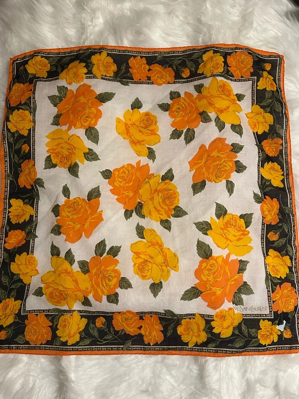 Yves Saint Laurent Floral Cotton Square Scarf Orange Yellow Roses 19” - Picture 1 of 7